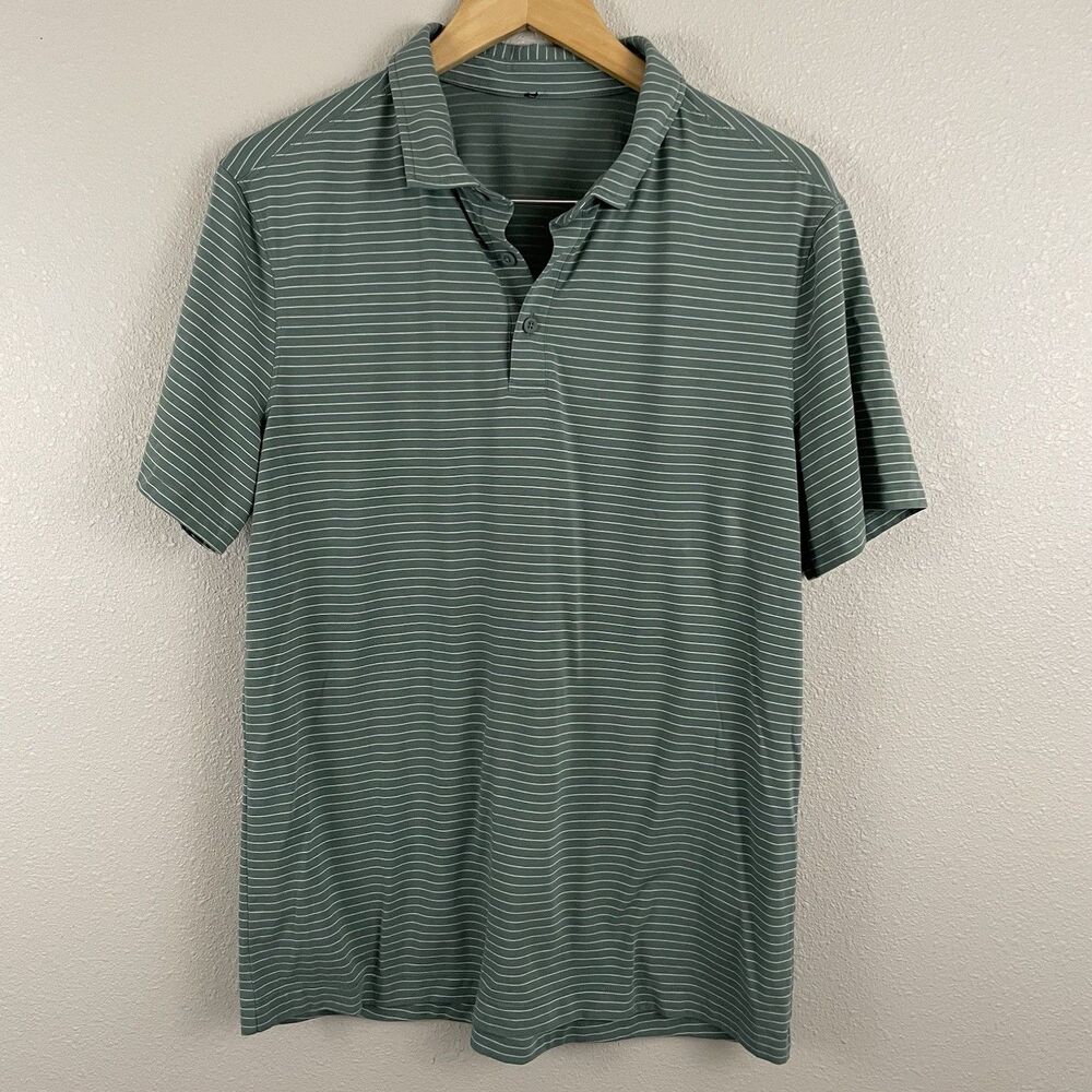 Lululemon Mens M Evolution Short Sleeve Polo Agile Stripe Tidewater Teal White